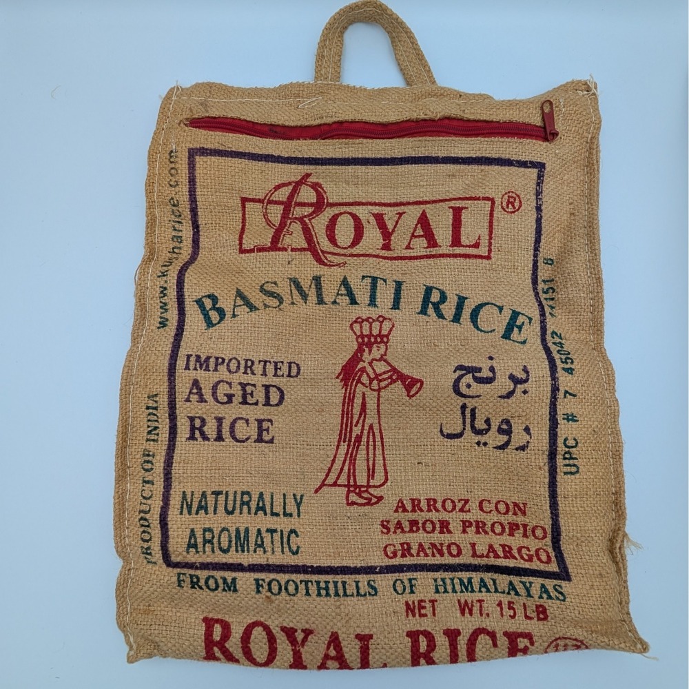Royal Basmati Rice Burlap Tote Bag Upcycled Jute Sack Zipper Top Boho Handbag
